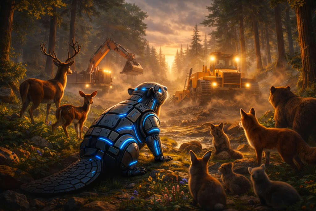 Animals facing construction machines with robotic beaver leading in Pixar Hoppers Movie concept