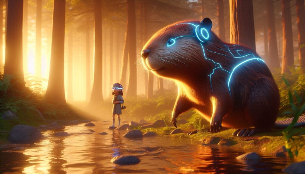 Pixar Hoppers Movie concept showing robotic beaver in forest with advanced technology
