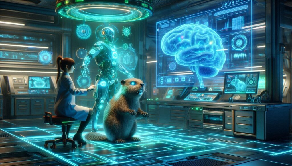 Scientist transferring consciousness into robotic animal in Pixar Hoppers Movie concept