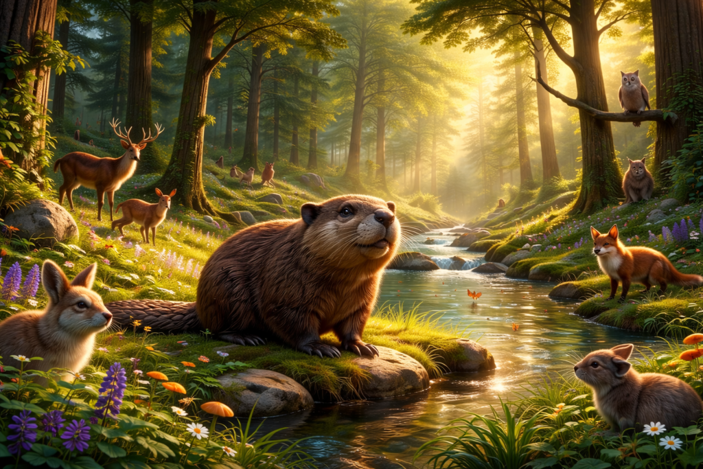 Beaver exploring forest with animals watching in Pixar Hoppers Movie inspired scene