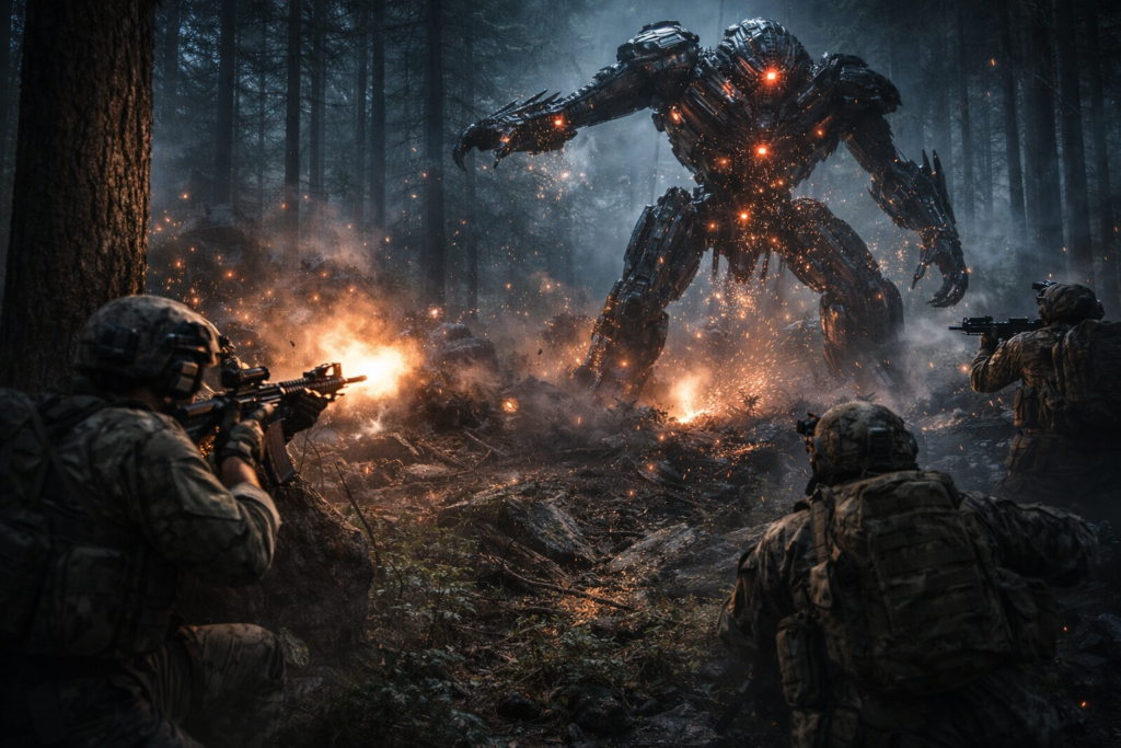 Modern soldiers firing at a giant alien machine during an intense sci-fi battle in a forest.
