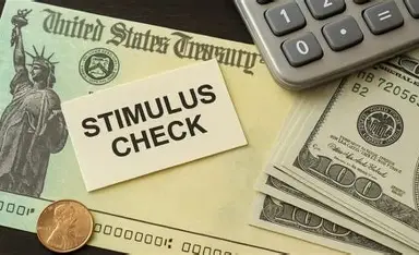 Stimulus Check 2026 concept with US dollar bills and government background