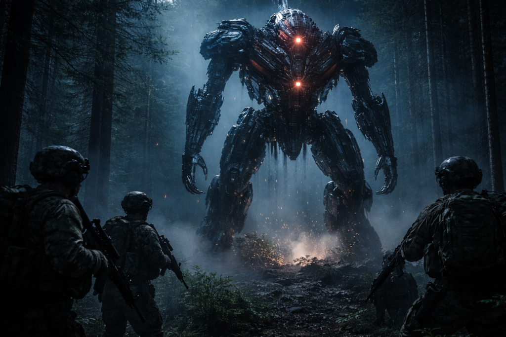 Soldiers staring at a massive alien war machine standing in a dark forest clearing at night.