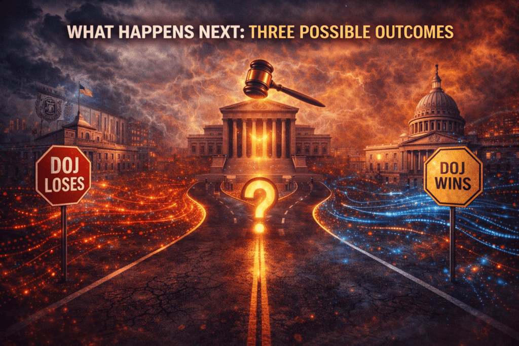 Rhode island voter data lawsuit illustration showing three possible legal outcomes with diverging paths toward federal and state buildings, symbolizing DOJ wins, losses, and uncertain future decisions