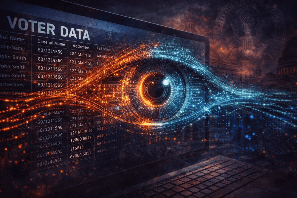 Rhode island voter data lawsuit concept showing digital eye scanning voter records on screen representing surveillance and data tracking concerns in the U.S.