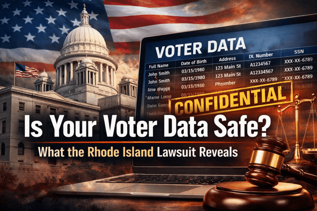 Rhode island voter data lawsuit concept showing U.S. Capitol, voter database screen with personal data, and judge gavel symbolizing legal battle over voter privacy