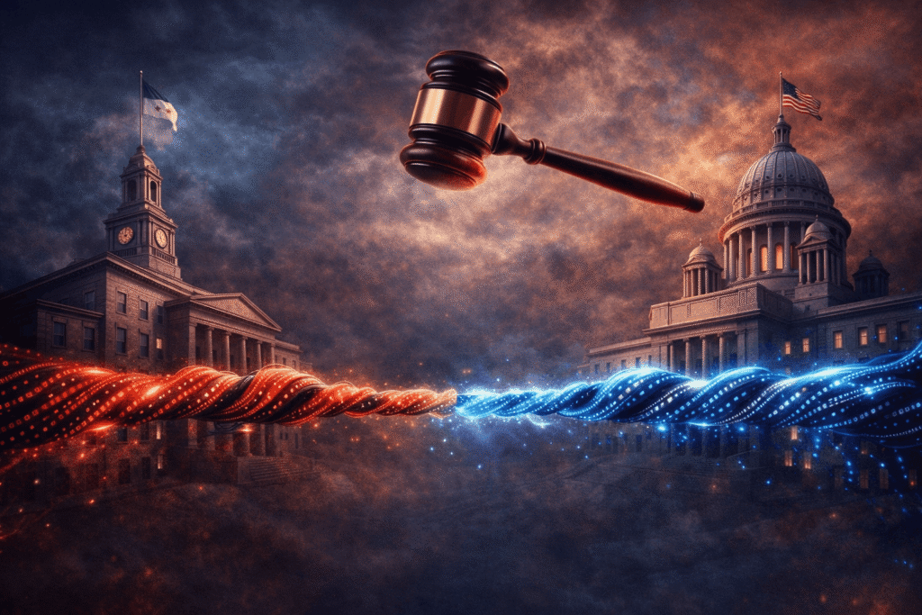 Rhode island voter data lawsuit visual showing state and federal buildings in tug-of-war over control of voter data with glowing data streams and judge gavel