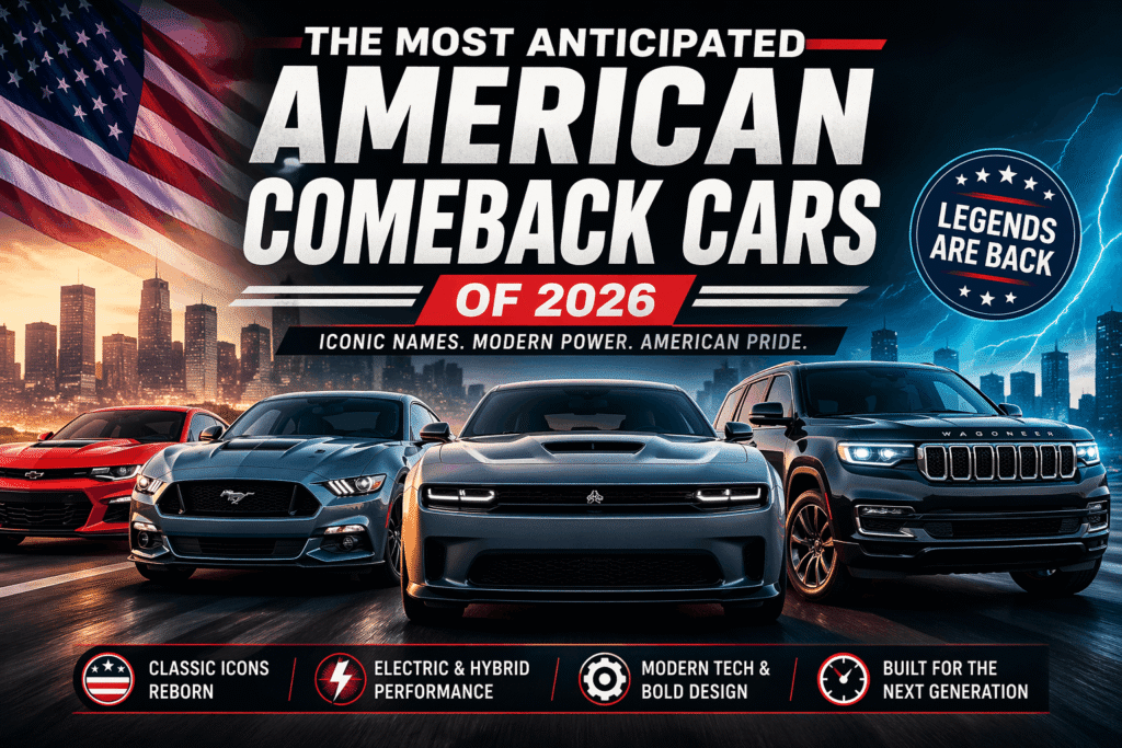 car comeback 2026 US modern muscle cars lineup sunset city background