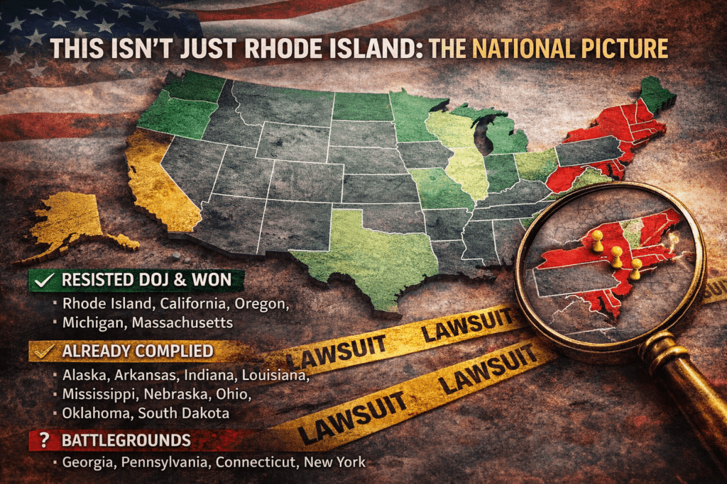 Rhode island voter data lawsuit illustration of balance scale between state and federal control with data chains representing structural test of American democracy