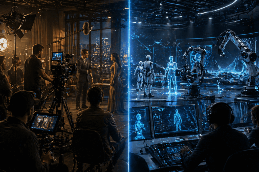 future of Hollywood AI showing artificial intelligence in film production