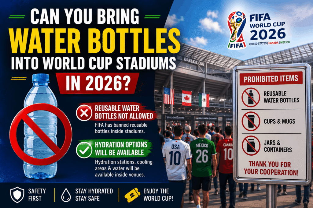 2026 FIFA World Cup Water Bottle Rules showing stadium security checking prohibited reusable water bottles before match entry