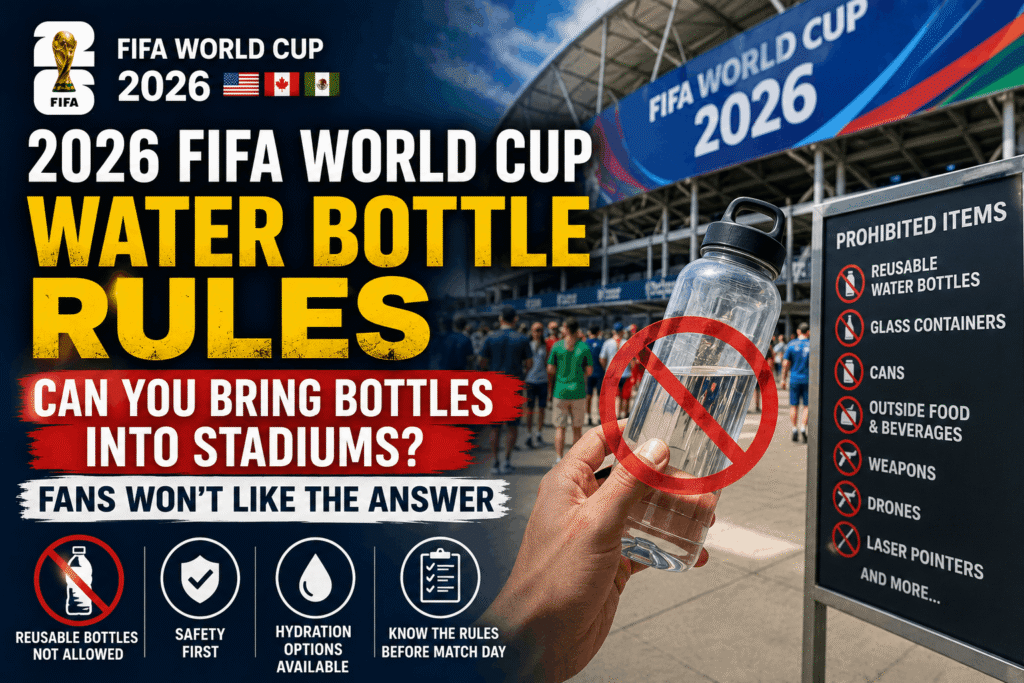 2026 FIFA World Cup Water Bottle Rules showing stadium security checking prohibited reusable water bottles before match entry