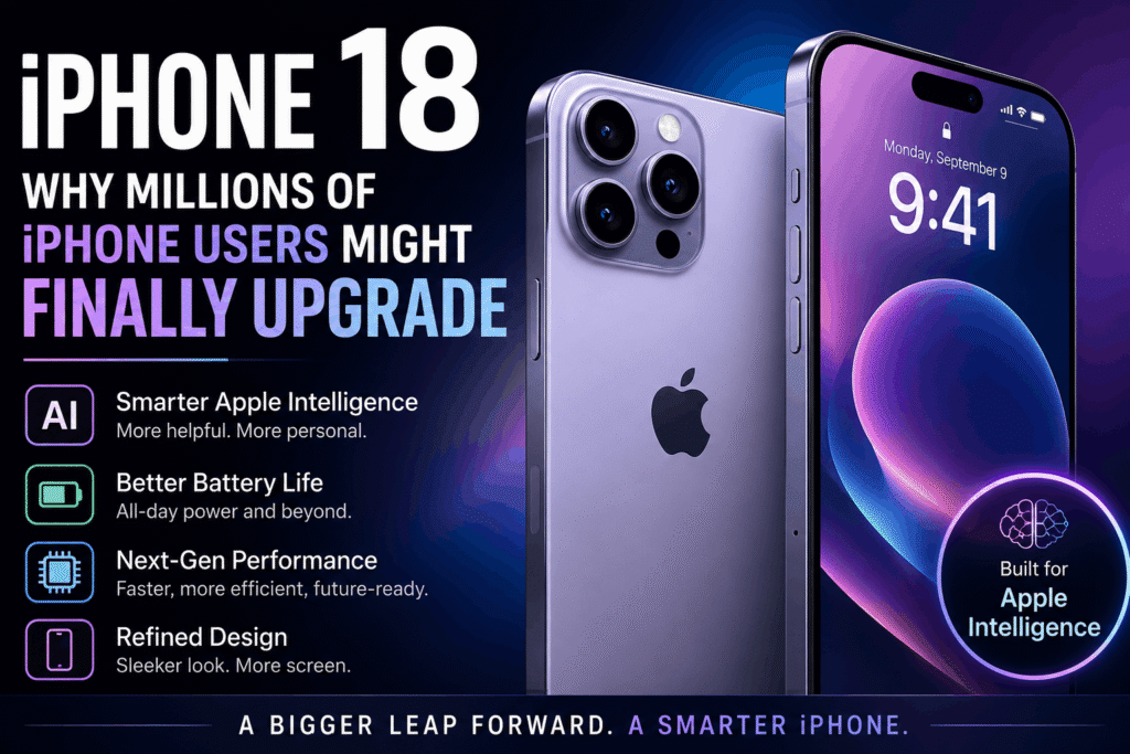 iPhone 18 with futuristic Apple Intelligence features and modern smartphone design