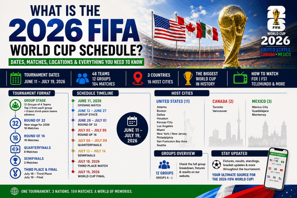 2026 FIFA World Cup Schedule showing tournament bracket matches dates host cities and groups