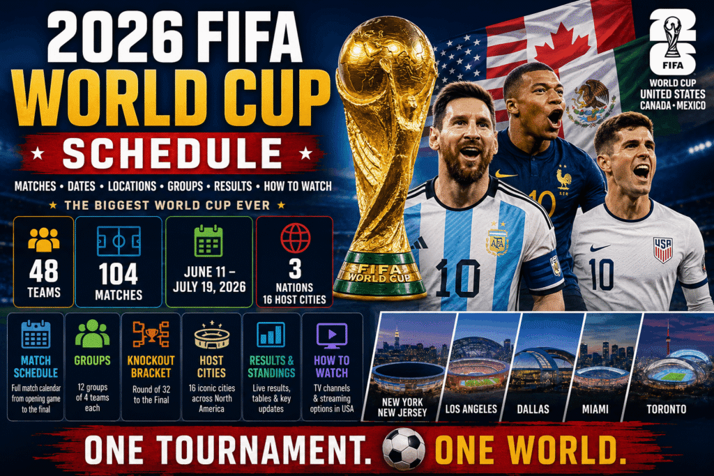 2026 FIFA World Cup Schedule showing tournament bracket matches dates host cities and groups