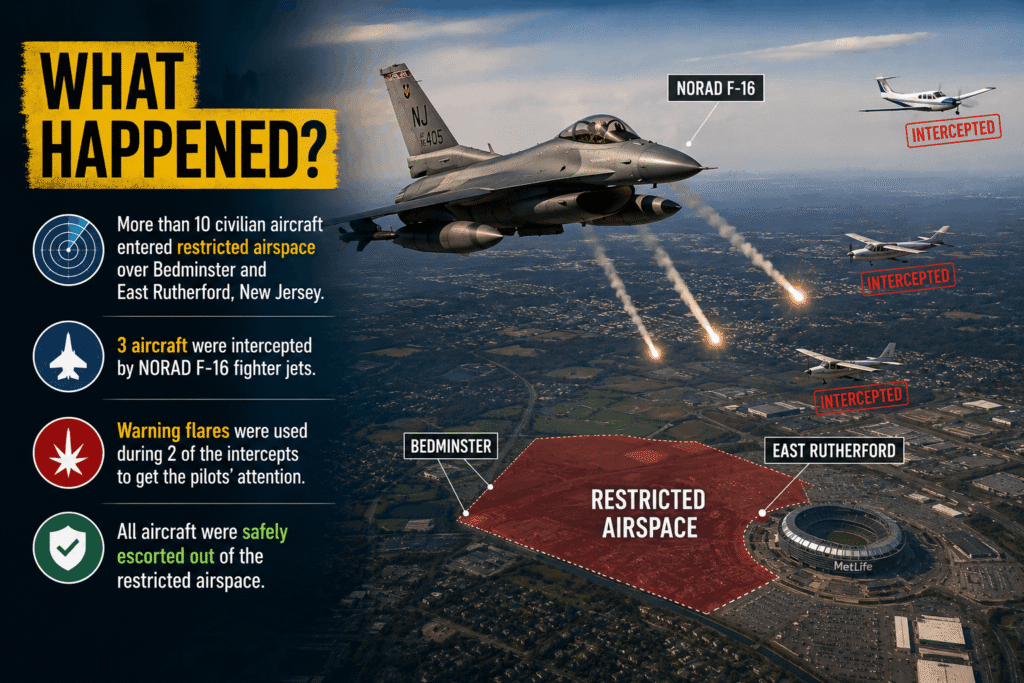 NORAD New Jersey Airspace Violation as F-16 fighter jets intercept aircraft over restricted airspace in Bedminster
