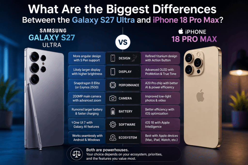 Samsung Galaxy S27 Ultra vs iPhone 18 Pro Max flagship smartphone comparison