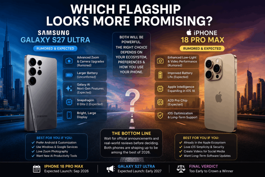 Samsung Galaxy S27 Ultra vs iPhone 18 Pro Max flagship smartphone comparison