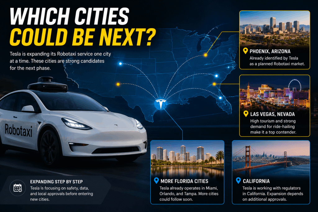 Tesla Robotaxi Expansion as autonomous Tesla vehicles prepare to launch in more U.S. cities